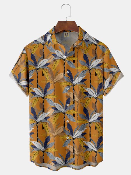 

Leaves Chest Pocket Short Sleeve Hawaiian Shirt, Yellow, Men Shirts
