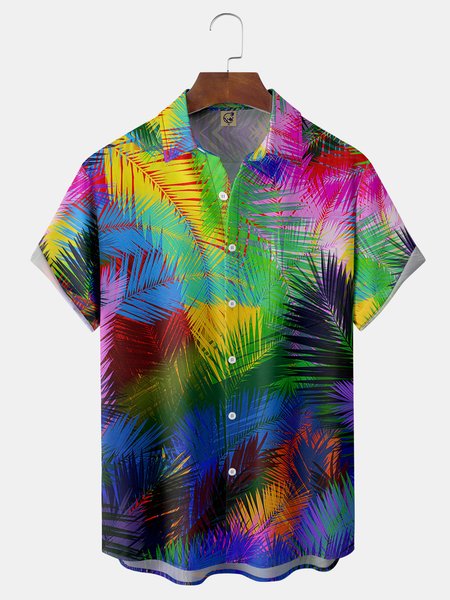 

Colorful Palm Leaf Chest Pocket Short Sleeve Hawaiian Shirt, Yellow, Men Shirts