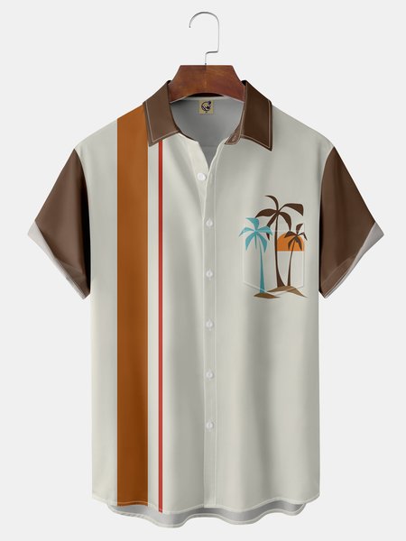 

Coconut Tree Chest Pocket Short Sleeve Hawaiian Shirt, Brown, Men Shirts