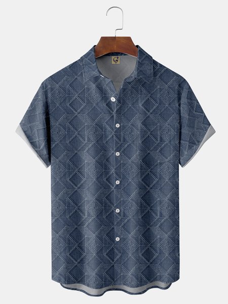 

3D Geometry Chest Pocket Short Sleeve Casual Shirt, Denim blue, Men Shirts