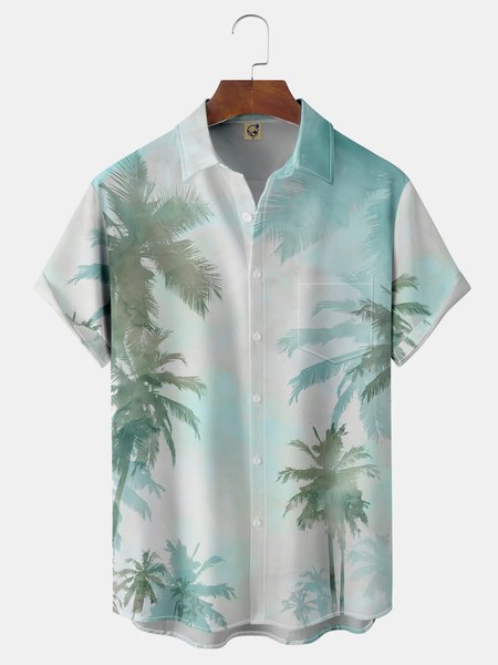 

Palm Tree Water Color Chest Pocket Short Sleeve Hawaiian Shirt, Green, Men Shirts