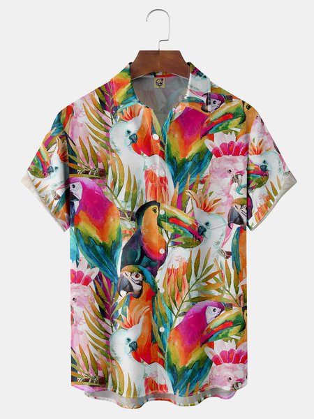 

Parrots Water Color Chest Pocket Short Sleeve Hawaiian Shirt, White, Men Shirts