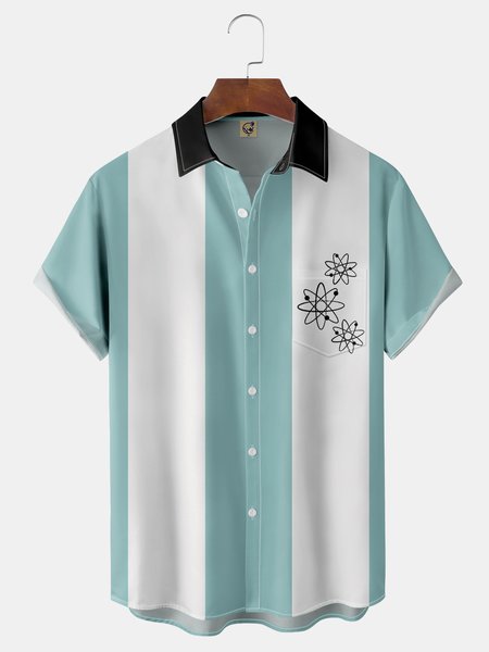 

Medieval Geometric Chest Pocket Short Sleeve Casual Shirt, Blue, Men Shirts