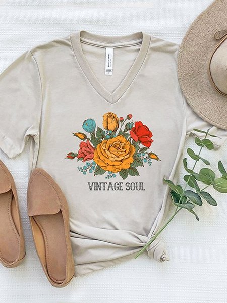 

Vintage floral print V-neck T-shirt, Khaki, T-Shirts