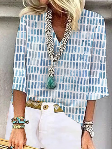 

V Neck Loose Geometric Casual Shirt, Blue, Shirts & Blouses