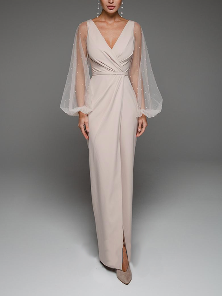 

Knitted Plain Elegant V Neck Dress & Party Dress, Dusty pink, Maxi Dresses