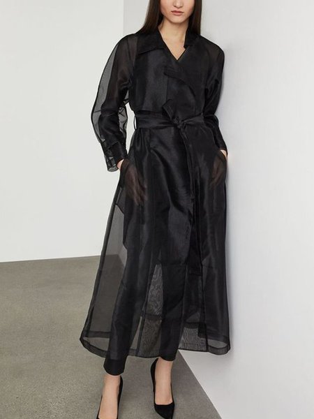

Organza Elegant Regular Fit Plain Trench Coat, Black, Coats