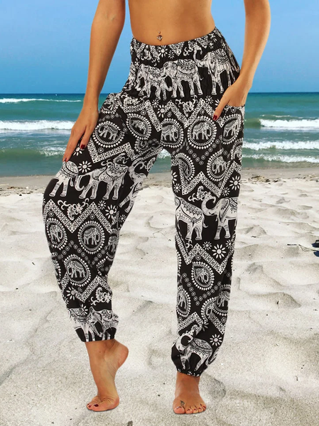 

Casual Loose Animal Long Pants, Black, Pants