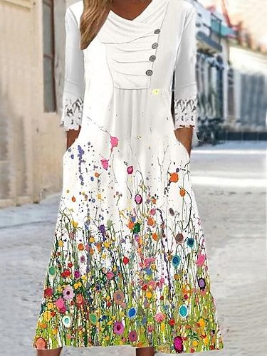 

Loose Floral Casual Asymmetrical Dress, White, Dresses