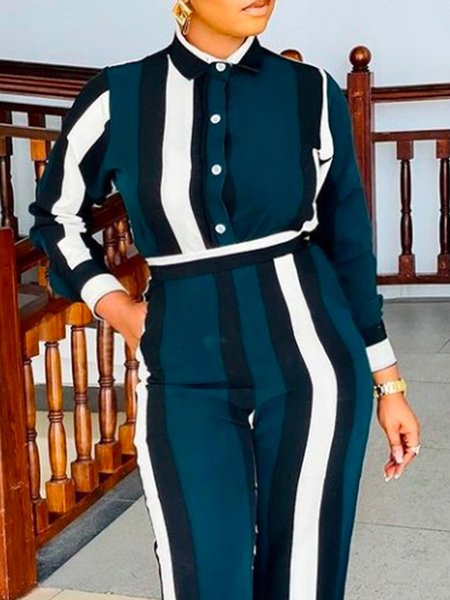 

Striped Urban Shirt Collar Loose Blouse, Green, Blouses and Shirts