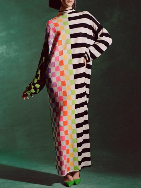 

Casual Loose Half Turtleneck Geometric Dress, Multicolor, Maxi Dresses