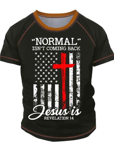 

Men’s Normal Isn’t Coming Back Jesus Is Crew Neck Regular Fit Text Letters Casual T-Shirt, Green, T-shirts