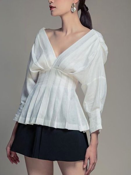 

Elegant Plain Long sleeve Regular Fit Blouse, White, Blouses and Shirts