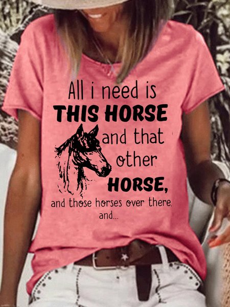 Women's Horse Lover Crew Neck Casual T-Shirt, Red, T-shirts