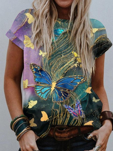 

Loose Casual Crew Neck Butterfly T-Shirt, Multicolor, Dresses