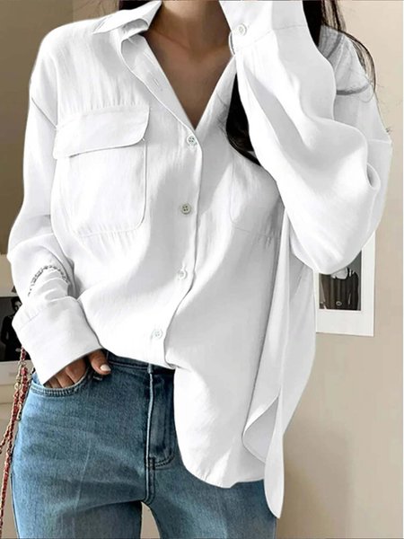 

Cotton-Blend Casual Shirt Collar Plain Blouse, White, Shirts & Blouses