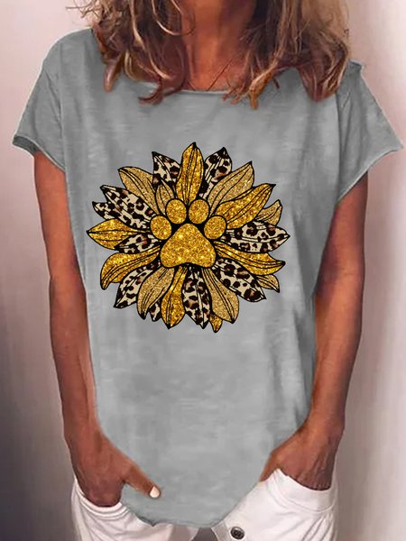 

Women's Paw Print Leopard Sunflower Letters Casual T-Shirt, Gray, T-shirts