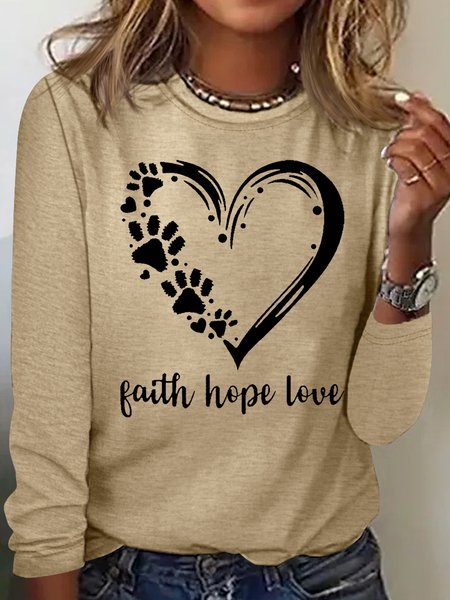

Women's Faith Hope Love Paw Print Heart Casual Top, Khaki, Long sleeves