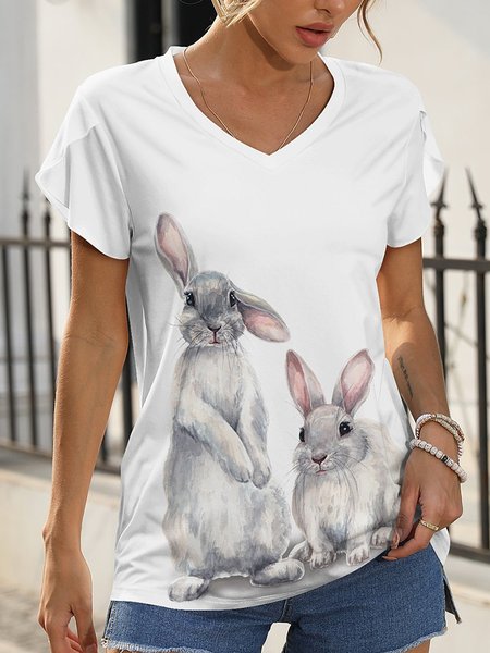 

Loose V Neck Vacation Rabbit T-Shirt, White, T-Shirts
