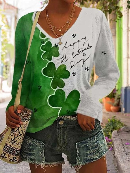 

Ombre Casual V Neck Loose T-Shirt, Green, T-Shirts