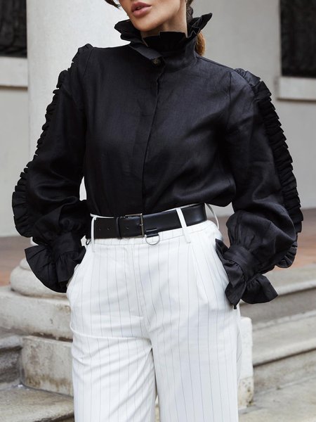 

Daily Long sleeve Plain Elegant Regular Fit Blouse, Black, Blouses and Shirts