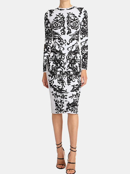 

High Elasticity Elegant Tight Long sleeve Floral Midi Dress, Black, Midi Dresses