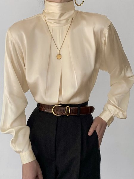 

Long sleeve Elegant Turtleneck Plain Blouse, Apricot, Blouses and Shirts
