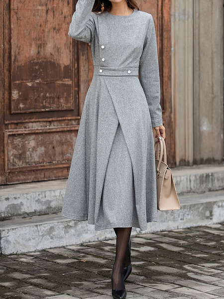 

Regular Fit Elegant Crew Neck Long sleeve Plain Long Dress, Gray, Maxi Dresses