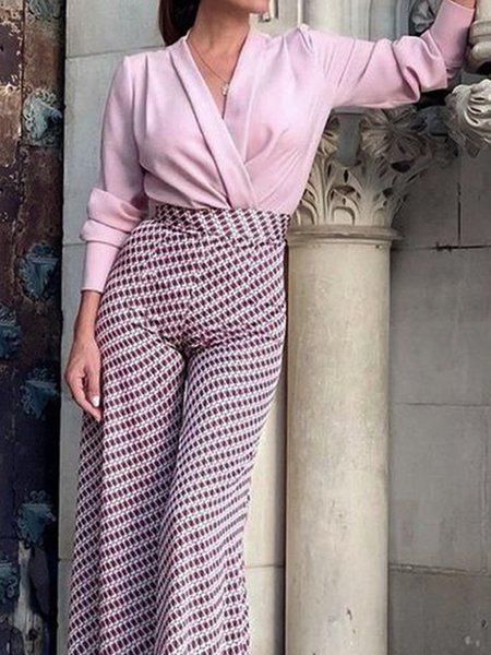 

Long sleeve Regular Fit Elegant Plain Cross Neck Blouse, Pink, Blouses and Shirts