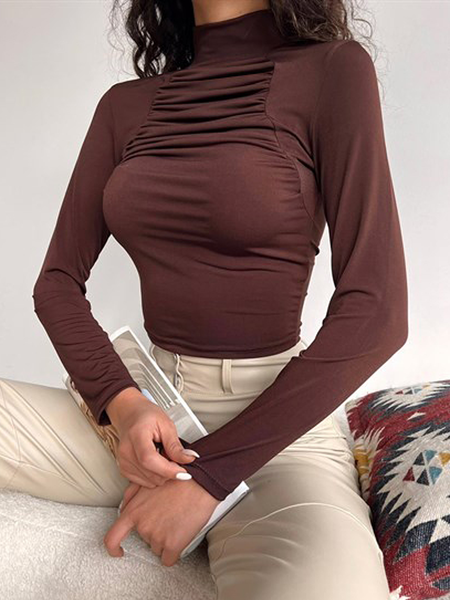 

High Elasticity Half Turtleneck Tight Long sleeve Urban Plain T-Shirt, Brown, Tees