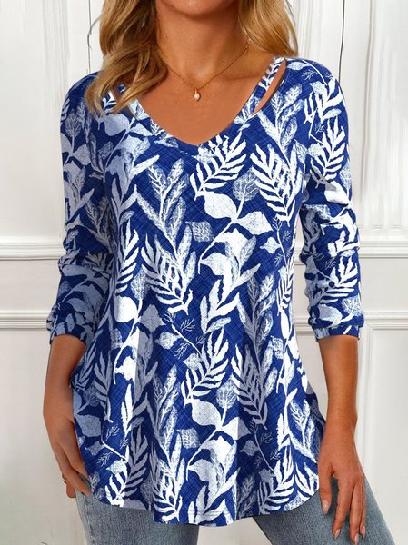 

Printing Casual Floral Loose T-Shirt, Blue, T-Shirts
