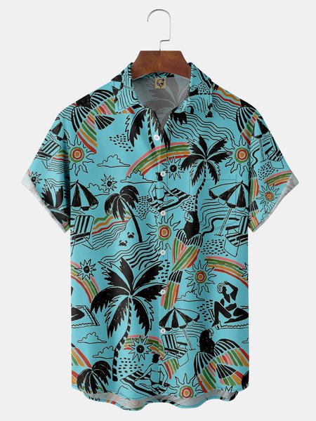 

Palm Tree Chest Pocket Short Sleeve Hawaiian Shirt, Blue, Men Shirts