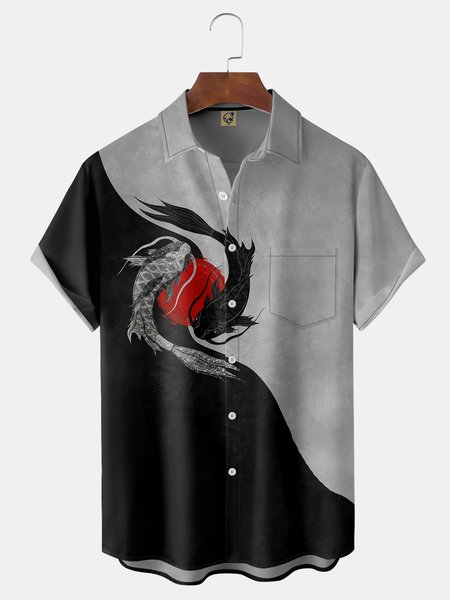 

Ukiyo-e Chest Pocket Short Sleeve Casual Shirt, Black, Men Shirts