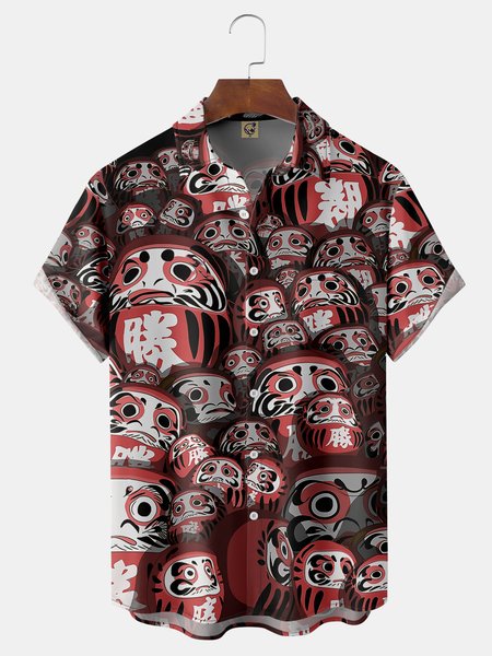 

Ukiyo-e Chest Pocket Short Sleeve Casual Shirt, Red, Men Shirts