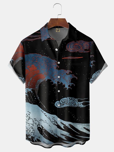 

Ukiyo-e Chest Pocket Short Sleeve Casual Shirt, Black, Men Shirts