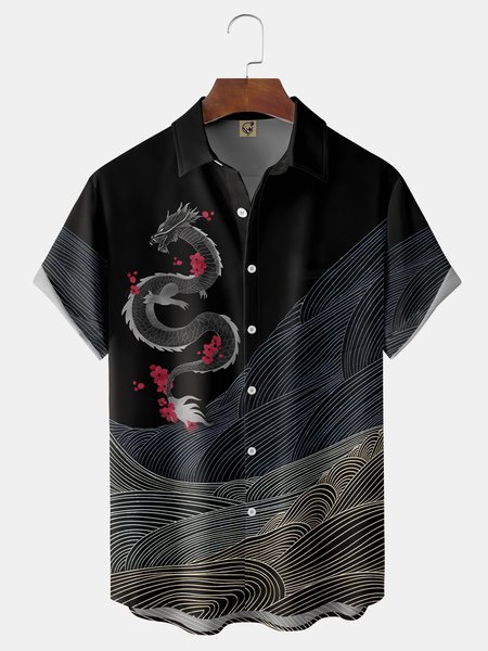 

Ukiyo-e Chest Pocket Short Sleeve Casual Shirt, Black, Men Shirts