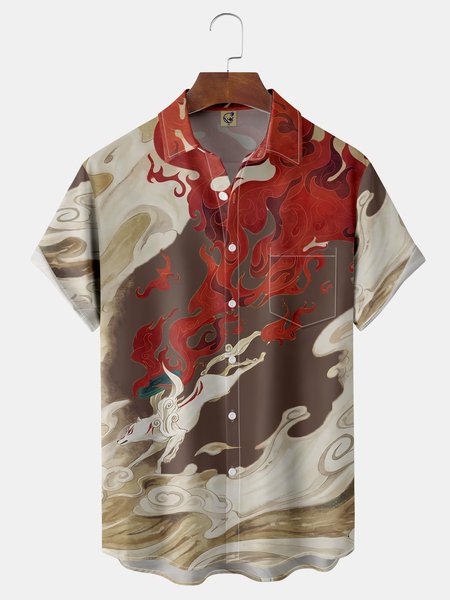 

Ukiyo-e Chest Pocket Short Sleeve Casual Shirt, Khaki, Men Shirts