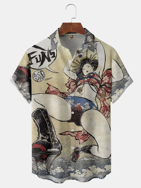 

Ukiyo-e Chest Pocket Short Sleeve Casual Shirt, Light khaki, Men Shirts