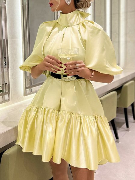 

Long sleeve Turtleneck Regular Fit Elegant Dress, Yellow, Mini Dresses
