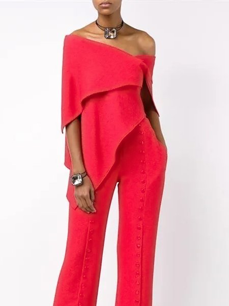 

Half sleeve Elegant Plain Regular Fit One Shoulder Top, Red, Blouses and Shirts