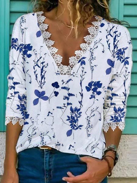 

Floral Loose V Neck Casual T-Shirt, White, T-Shirts