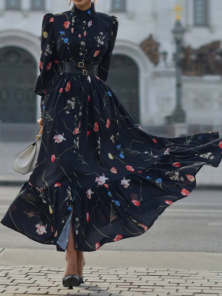 

Elegant Loose Long sleeve Stand Collar Long Dress, Navyblue, Maxi Dresses