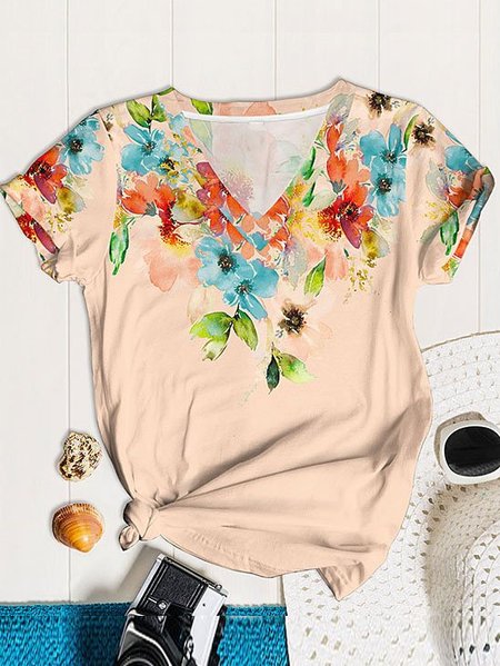 

Casual V Neck Floral Cotton-Blend T-Shirt, Pink, Dresses