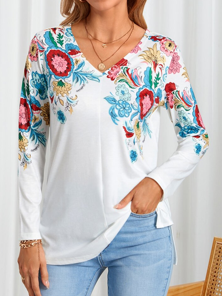 

Floral V Neck Casual Loose T-Shirt, White, T-Shirts