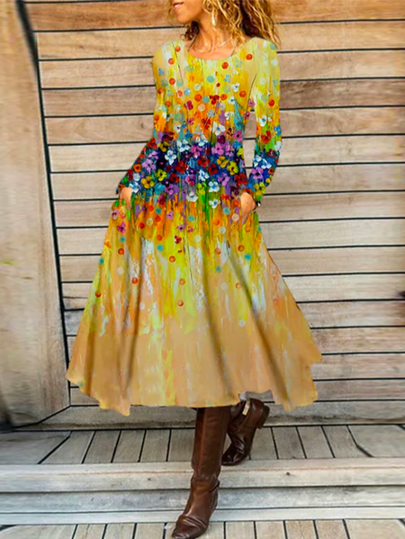 

Boho Crew Neck Floral Dress, Multicolor, Dresses