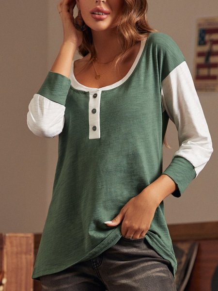 

Half Open Collar Color Block Casual T-Shirt, Green, T-Shirts