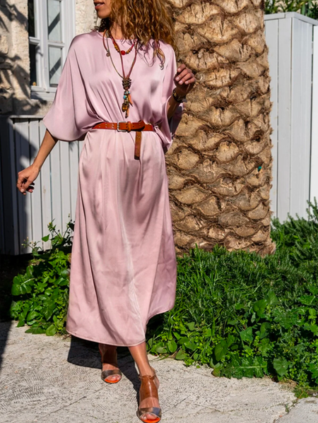 

Boho Loose Plain Crew Neck Dress, Pink, Dresses