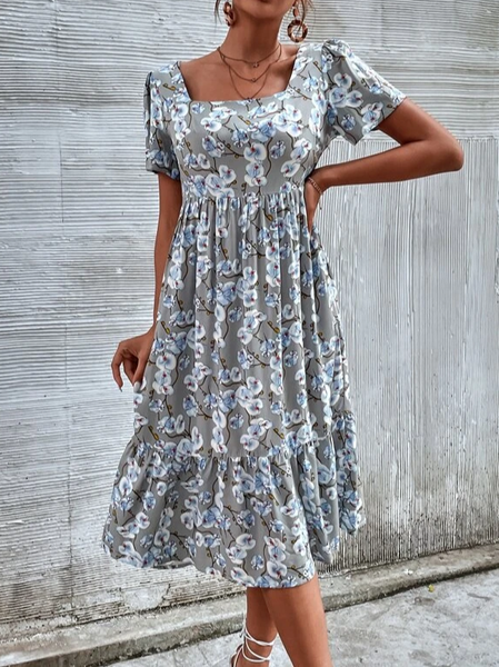 

Loose Square Neck Casual Floral Dress, Gray, Dresses