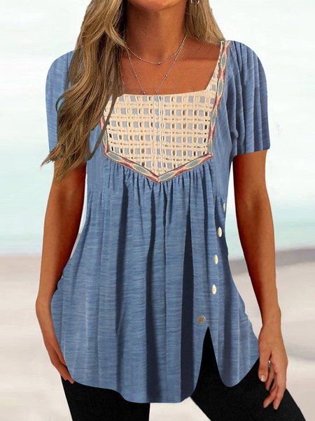 

Regular Fit Square Neck Geometric Casual Top, Blue, Tops