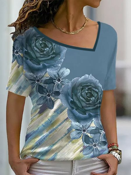 

V Neck Loose Casual Floral T-Shirt, Blue, T-Shirts